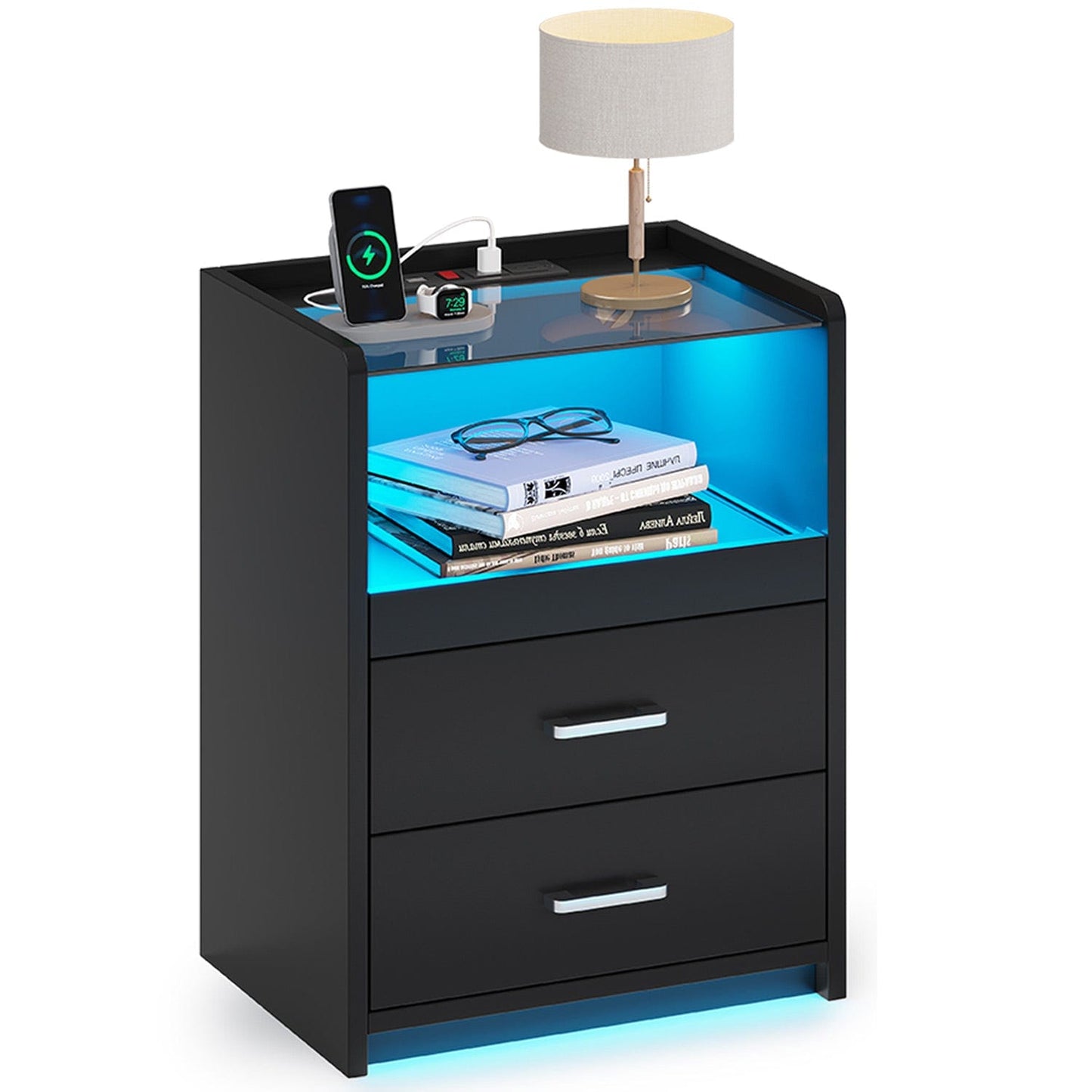 LED Nightstand with 2 Storage Drawers Black