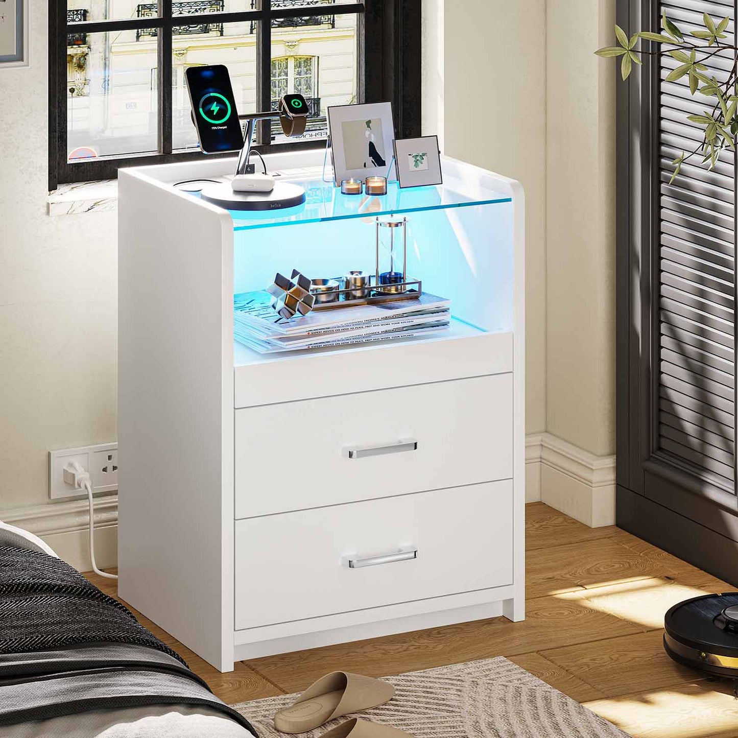 2 Pack LED Nightstand with 2 Storage Drawers White