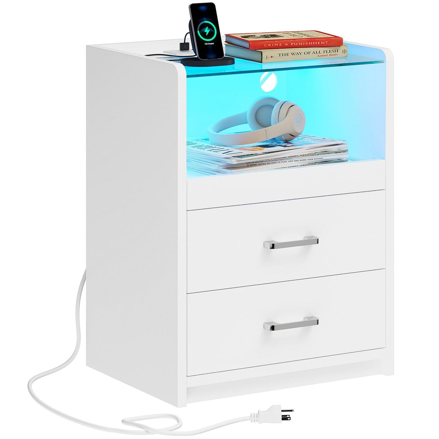 2 Pack LED Nightstand with 2 Storage Drawers White