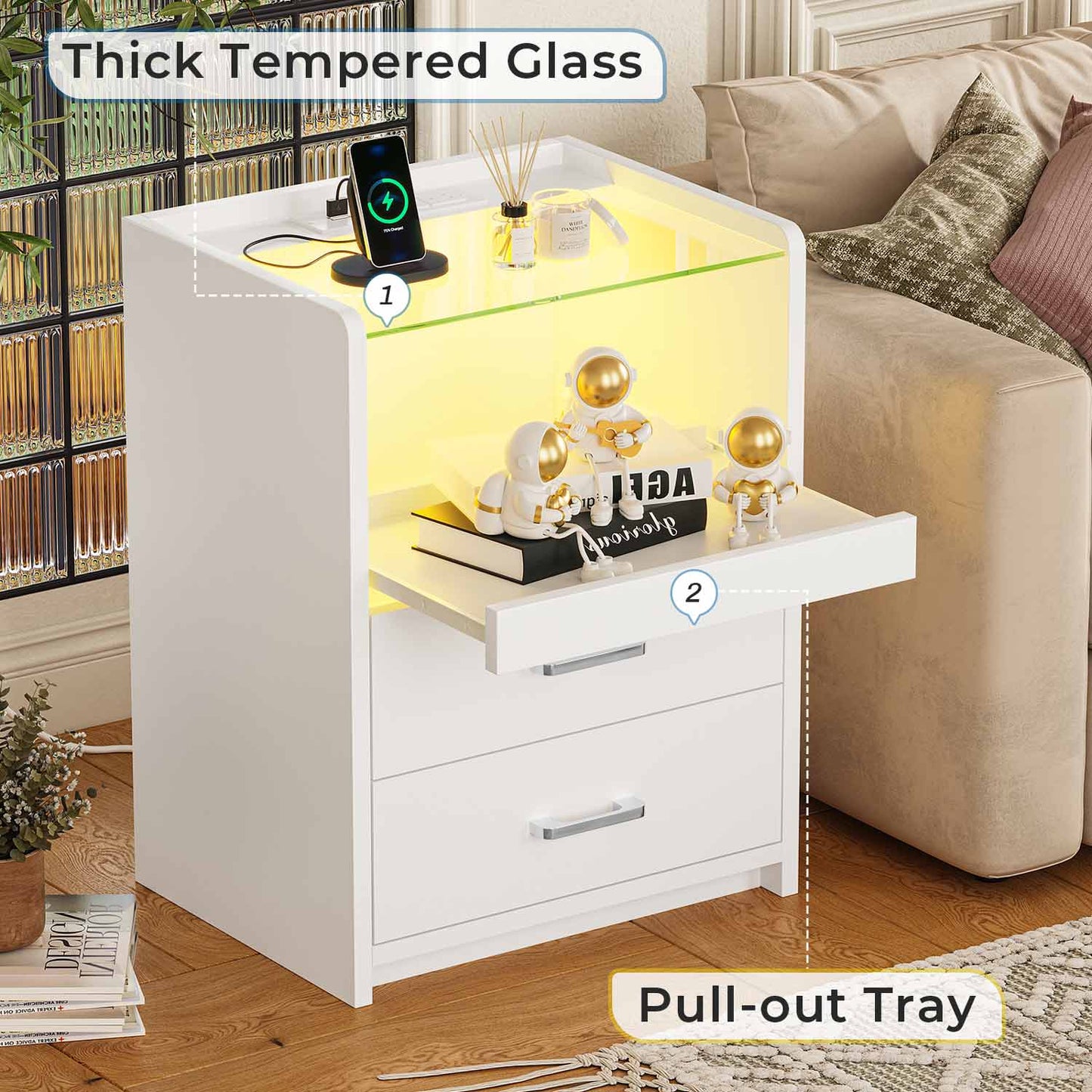 2 Pack LED Nightstand with 2 Storage Drawers White