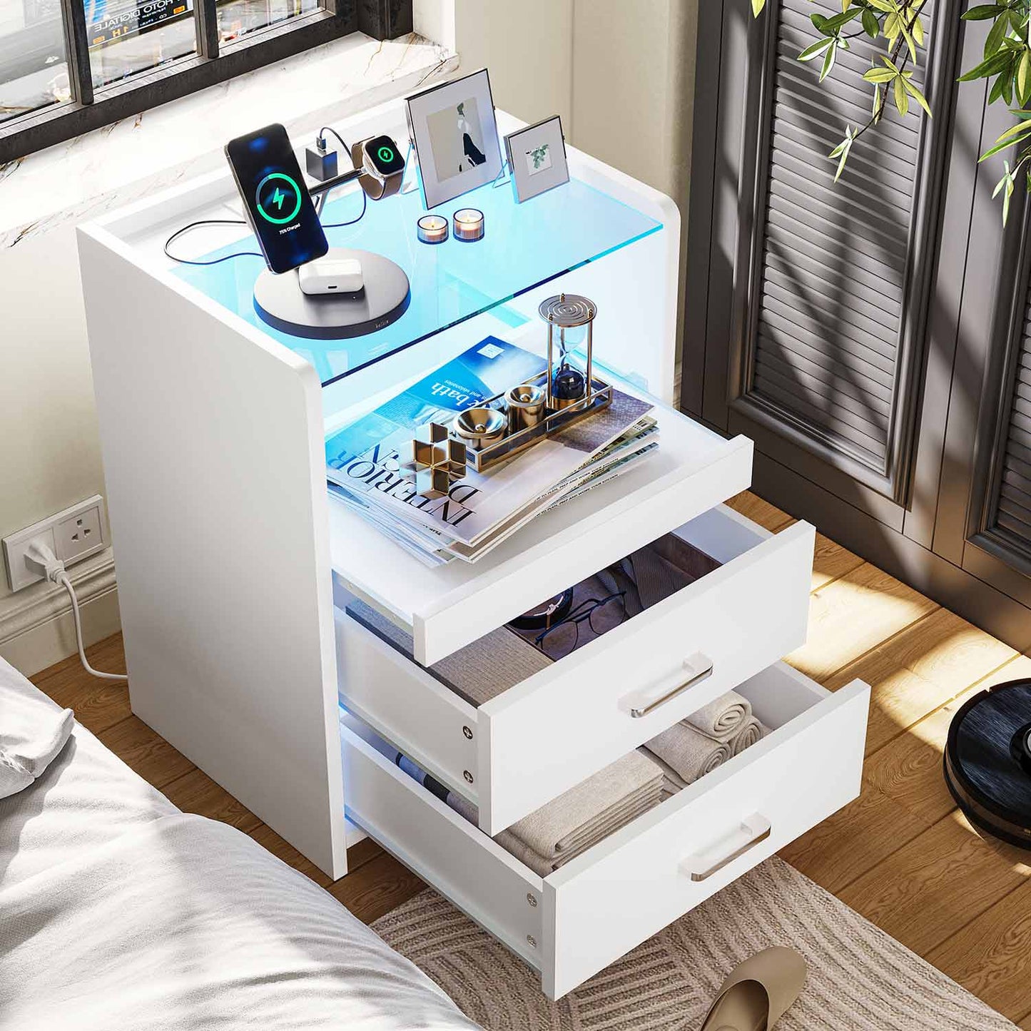 2 Pack LED Nightstand with 2 Storage Drawers White