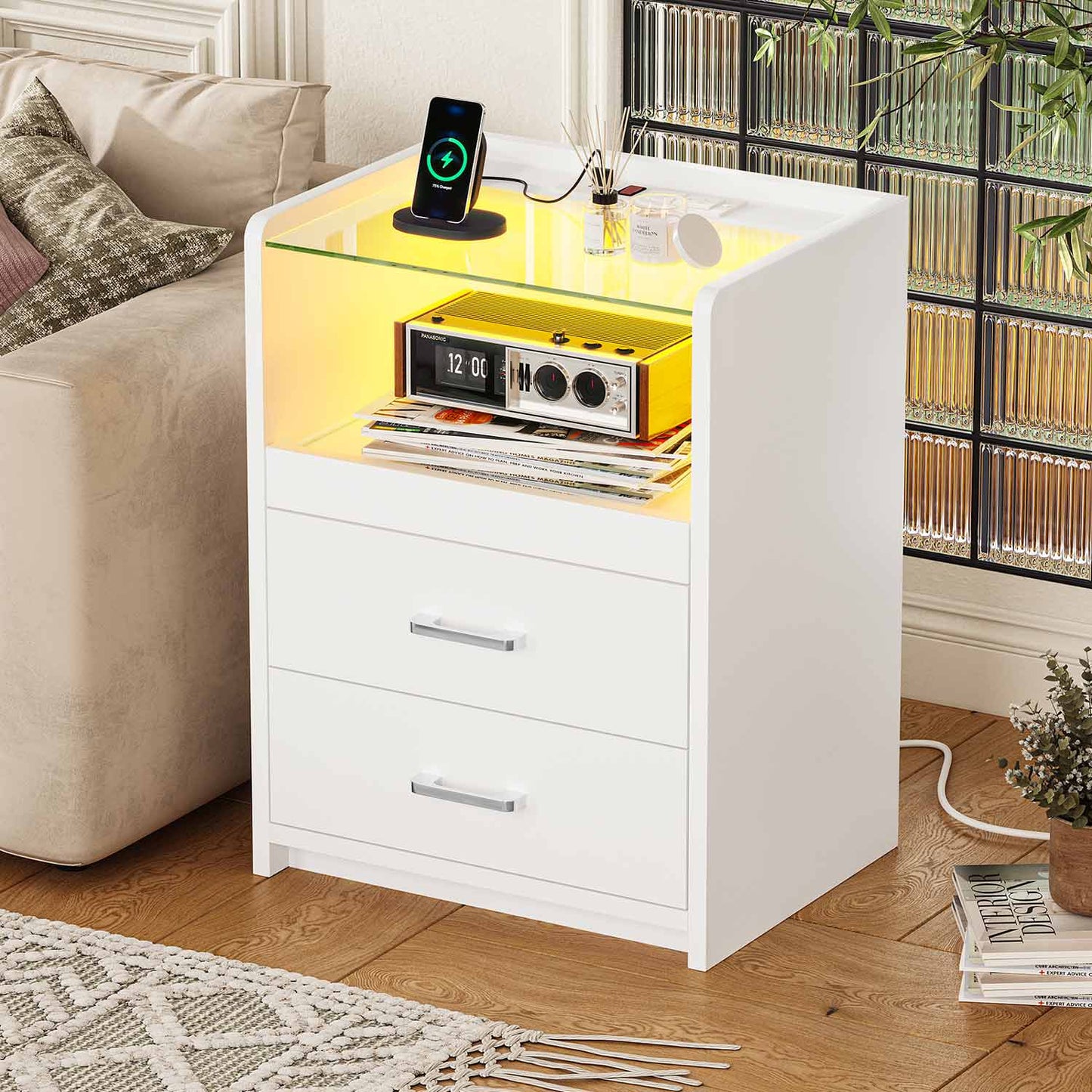 2 Pack LED Nightstand with 2 Storage Drawers White