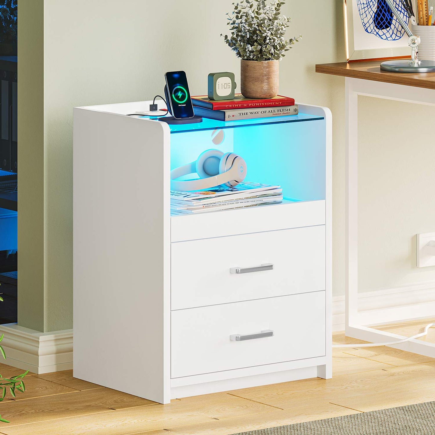 2 Pack LED Nightstand with 2 Storage Drawers White