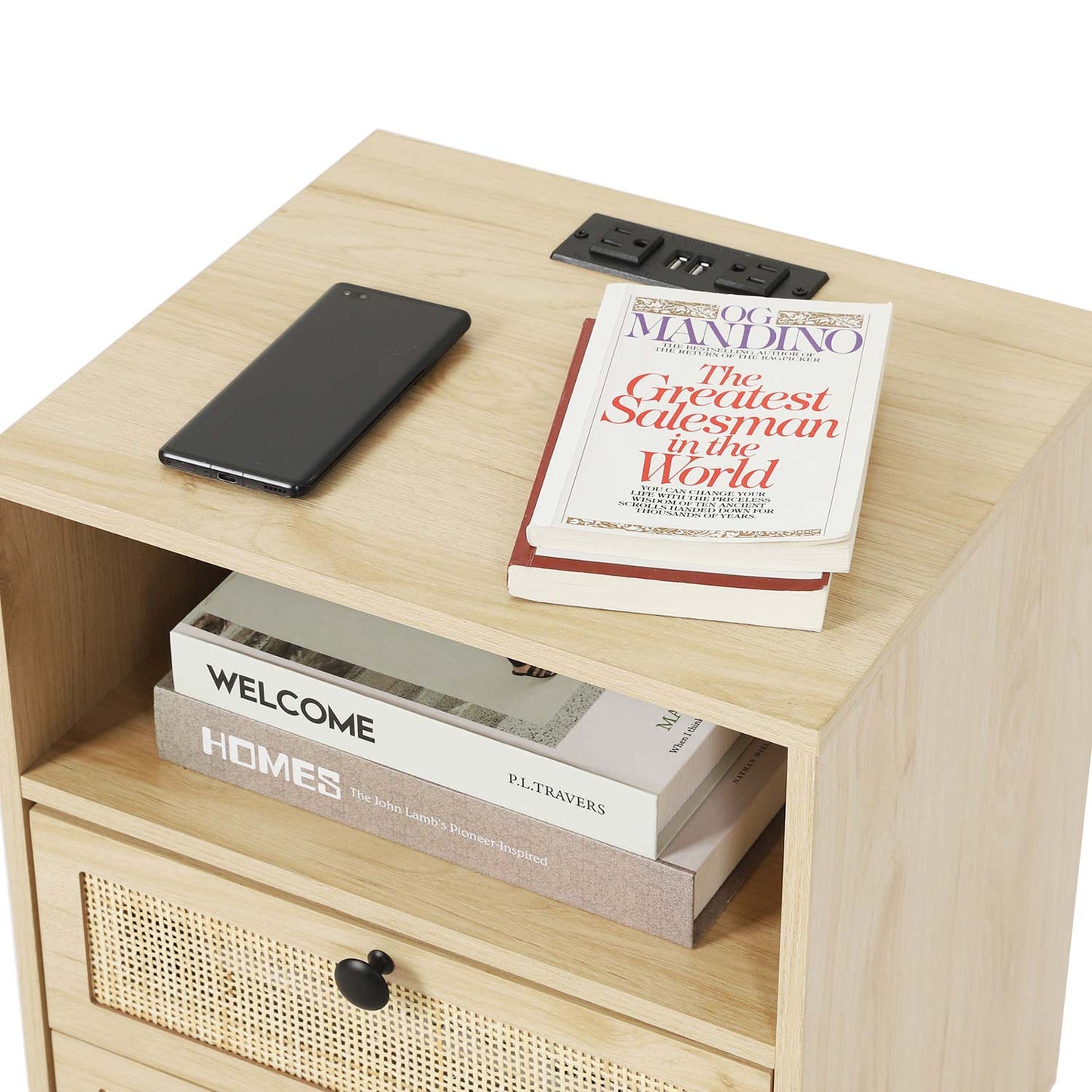 Natural Rattan LED Nightstand with Charging Station