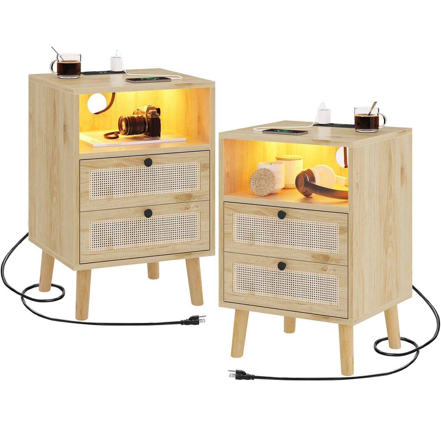 Natural Rattan LED Nightstand with Charging Station