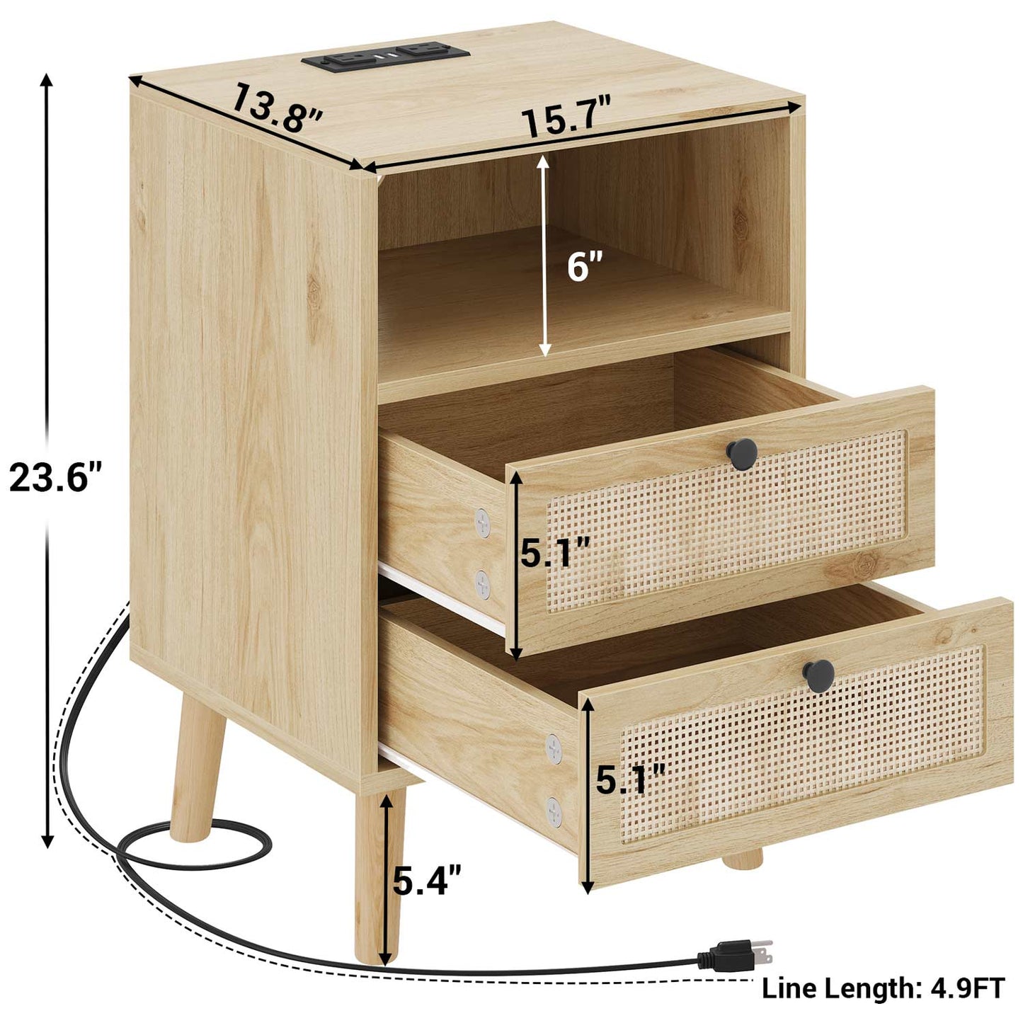 Natural Rattan LED Nightstand with Charging Station