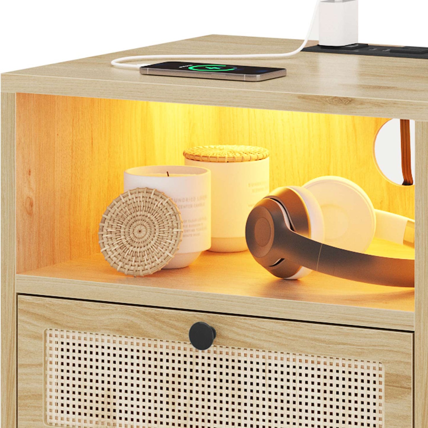 Natural Rattan LED Nightstand with Charging Station