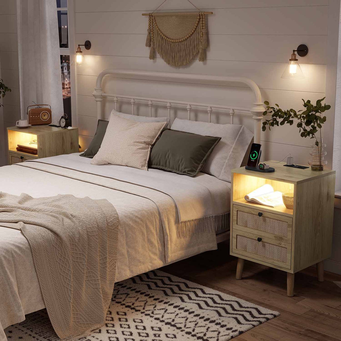 Natural Rattan LED Nightstand with Charging Station