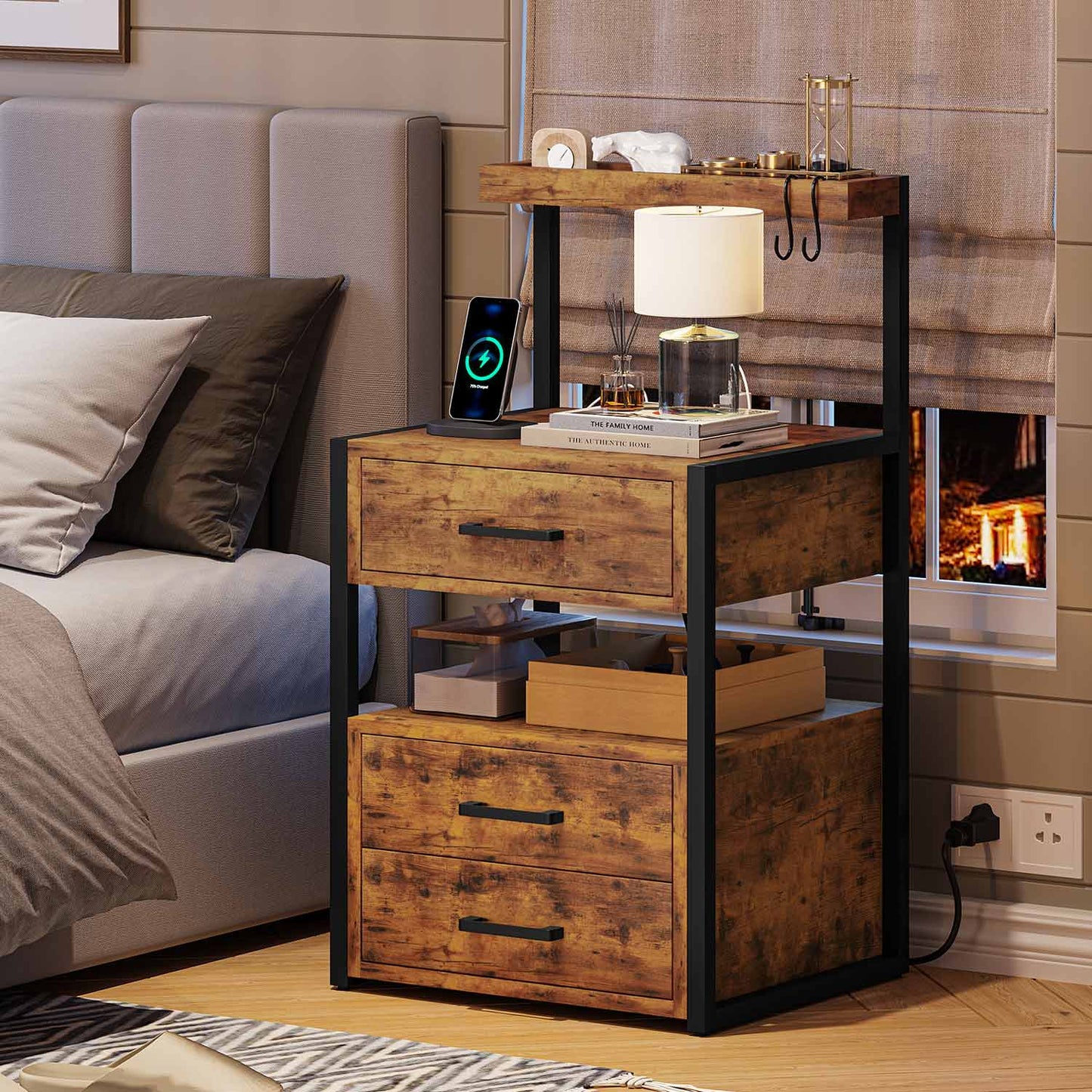 LED Nightstand with 3 Drawers Charging Station Brown