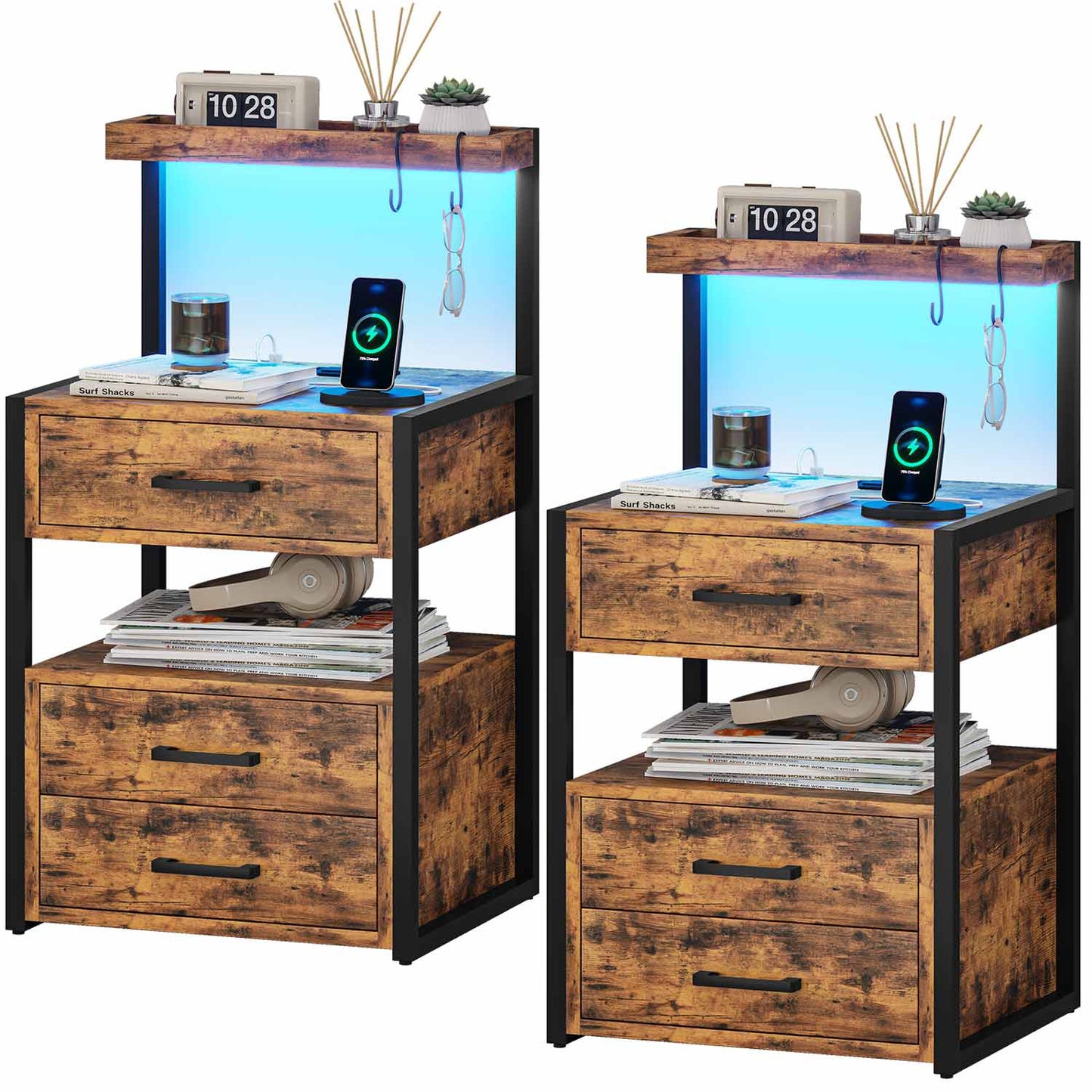LED Nightstand with 3 Drawers Charging Station Brown