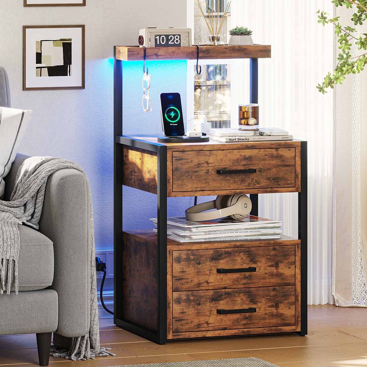 LED Nightstand with 3 Drawers Charging Station Brown