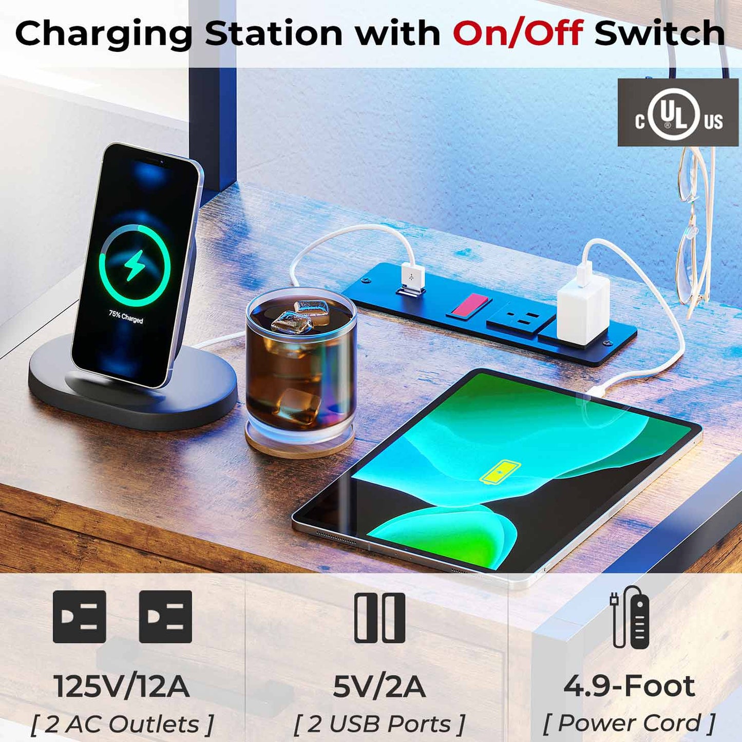 LED Nightstand with 3 Drawers Charging Station Brown