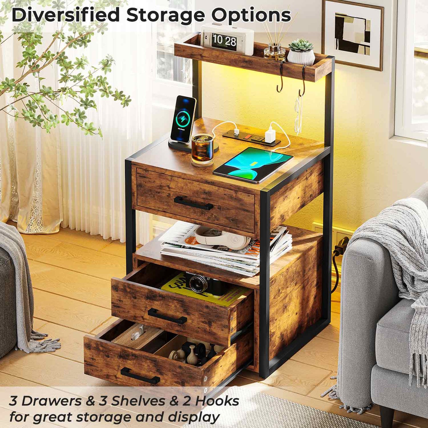 LED Nightstand with 3 Drawers Charging Station Brown