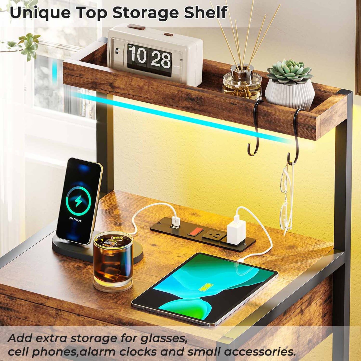 LED Nightstand with 3 Drawers Charging Station Brown