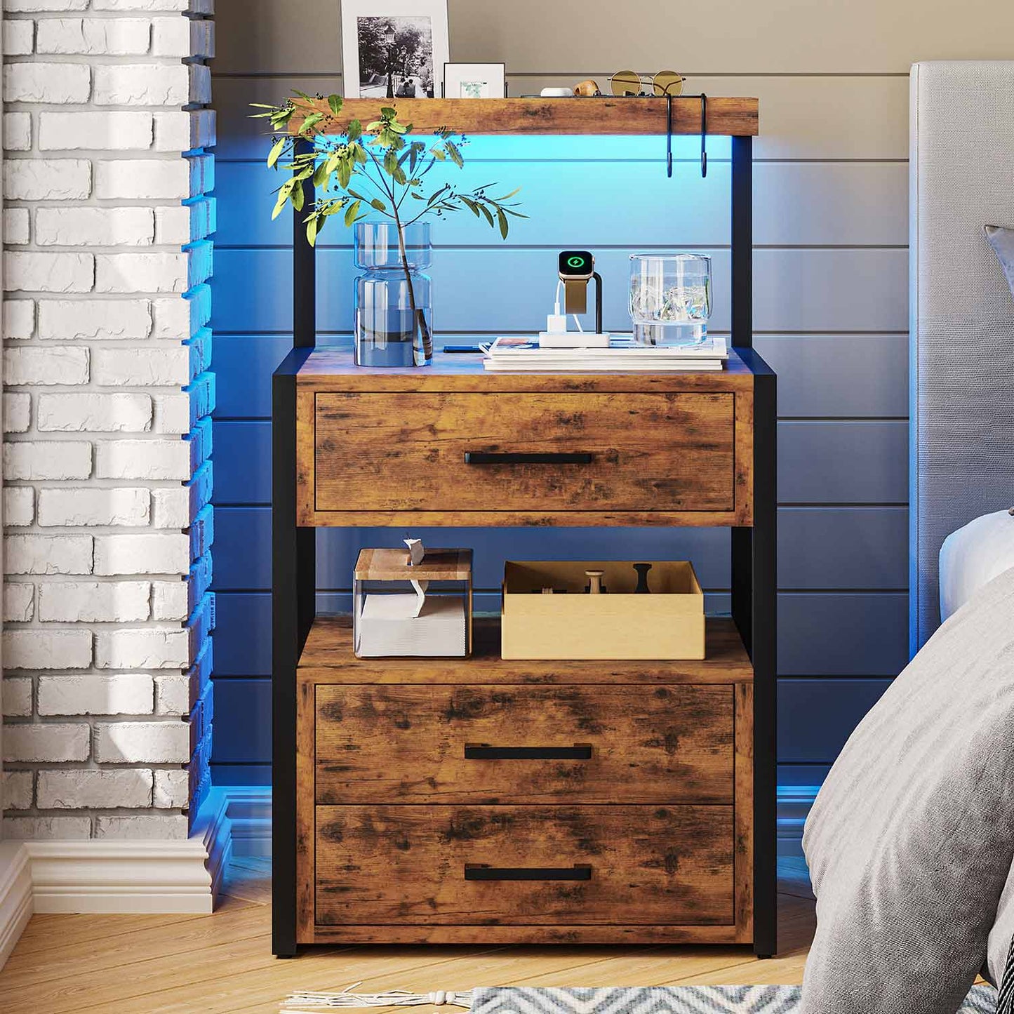 LED Nightstand with 3 Drawers Charging Station Brown