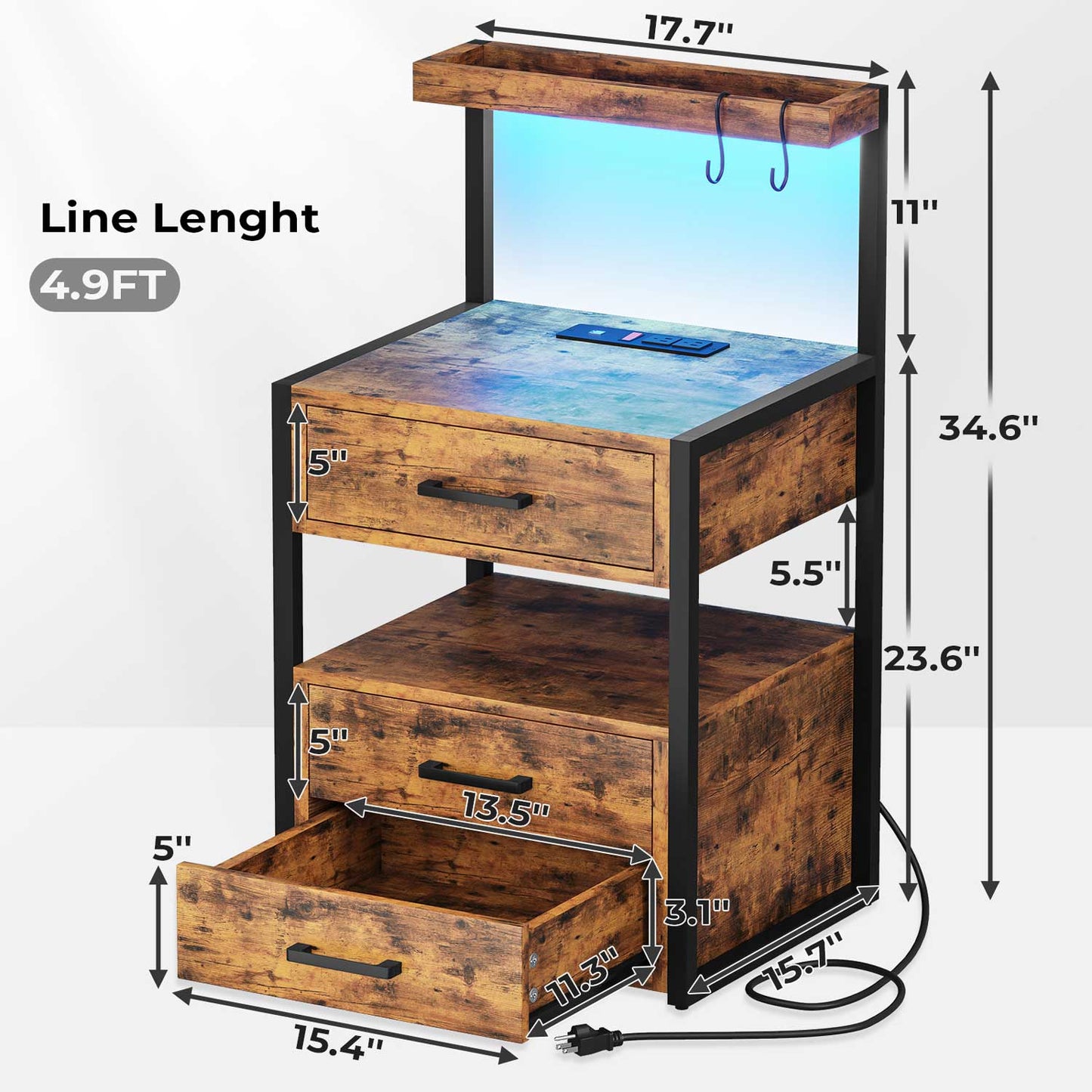LED Nightstand with 3 Drawers Charging Station Brown