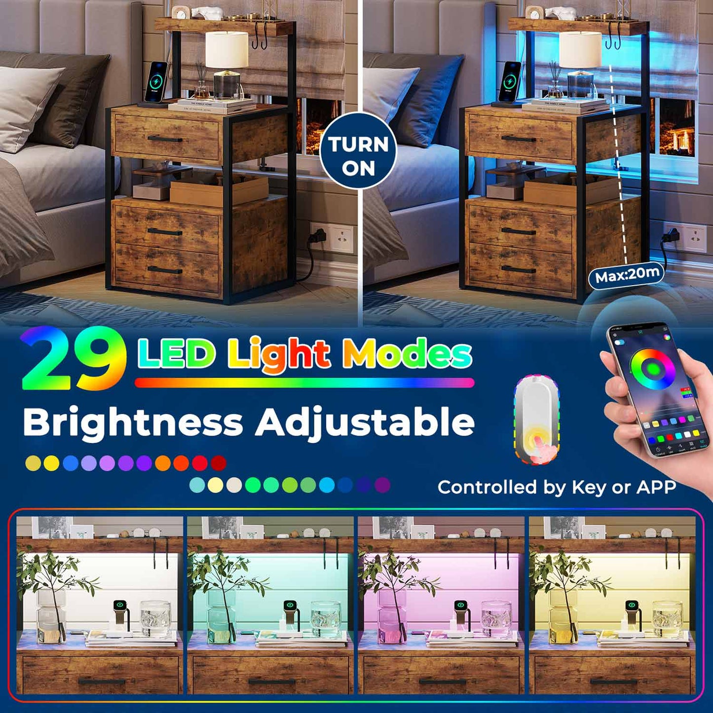 LED Nightstand with 3 Drawers Charging Station Brown