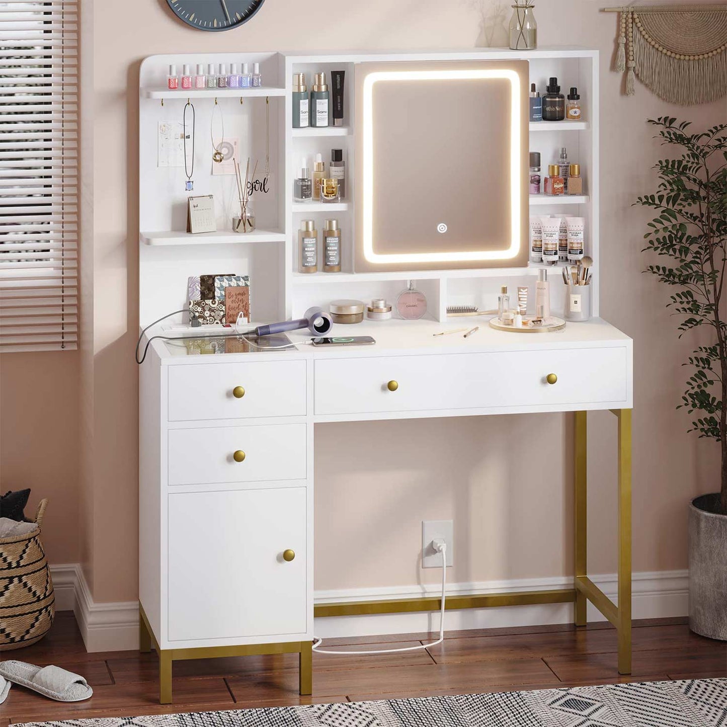 LED Makeup Vanity with Mirror Charging Station White