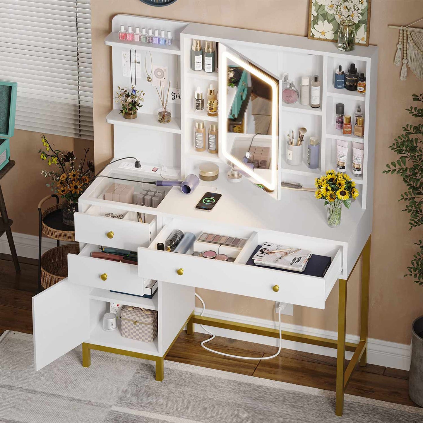 LED Makeup Vanity with Mirror Charging Station White