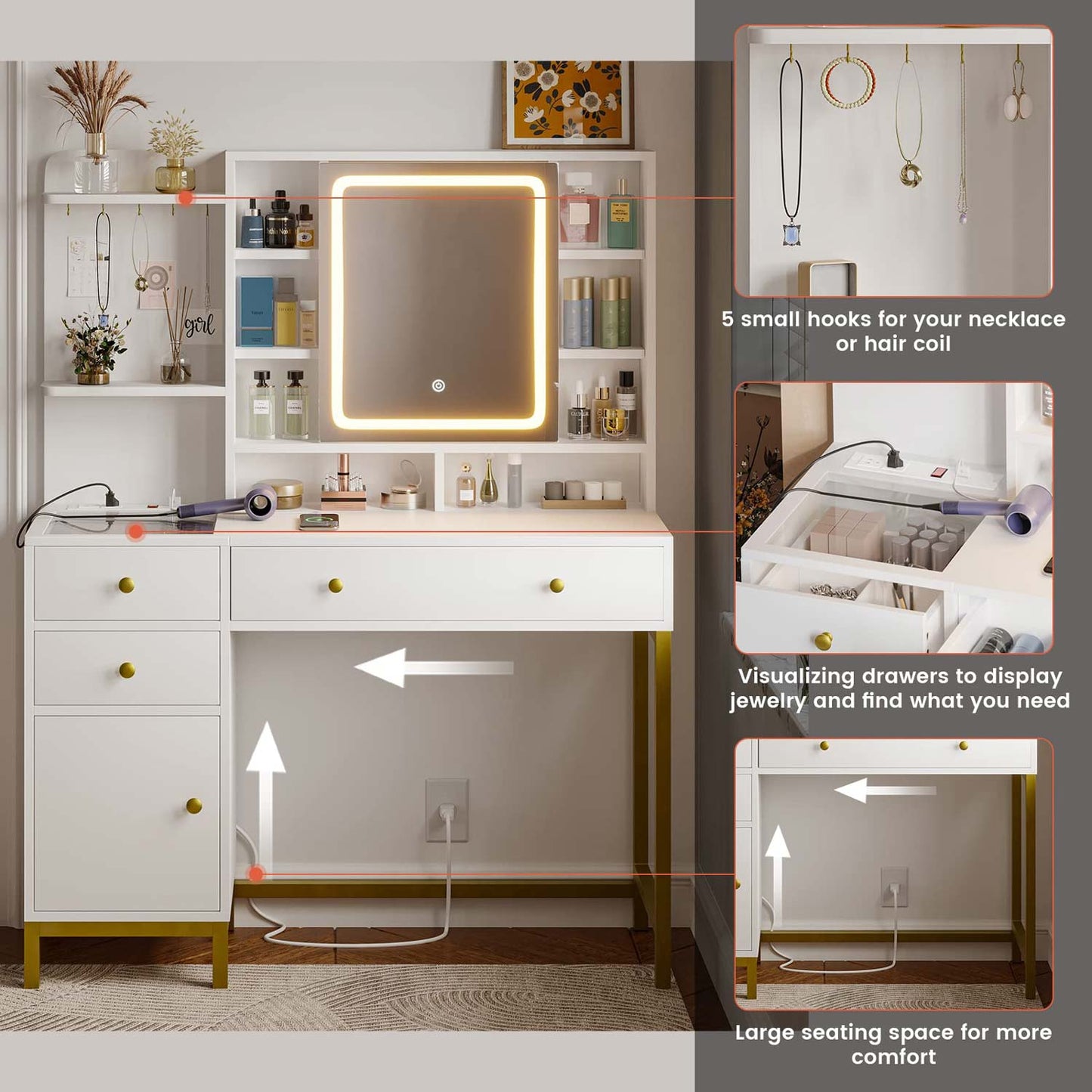 LED Makeup Vanity with Mirror Charging Station White