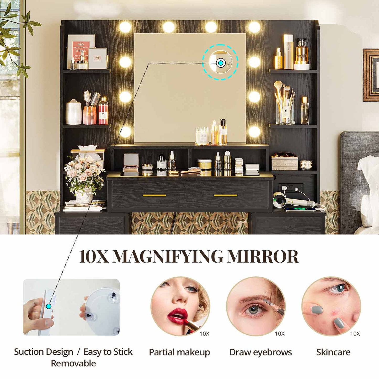 Glass Top Makeup Vanity with Lighted Mirror Black