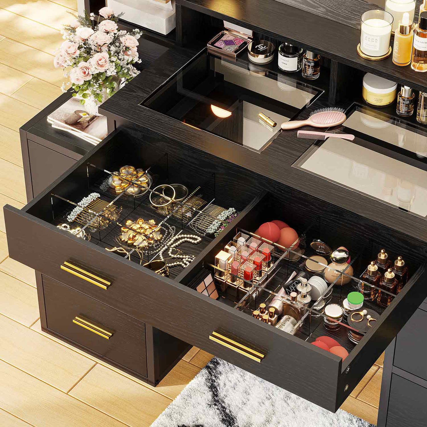Glass Top Makeup Vanity with Lighted Mirror Black