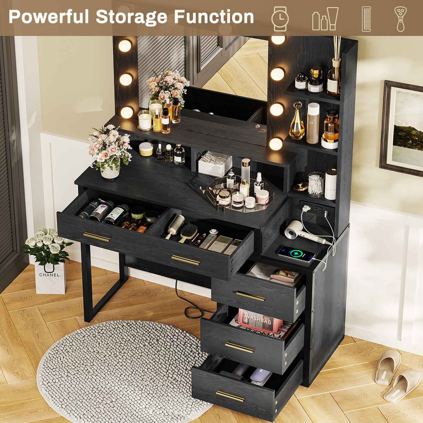 Makeup Vanity with LED Mirror Charging Station Black