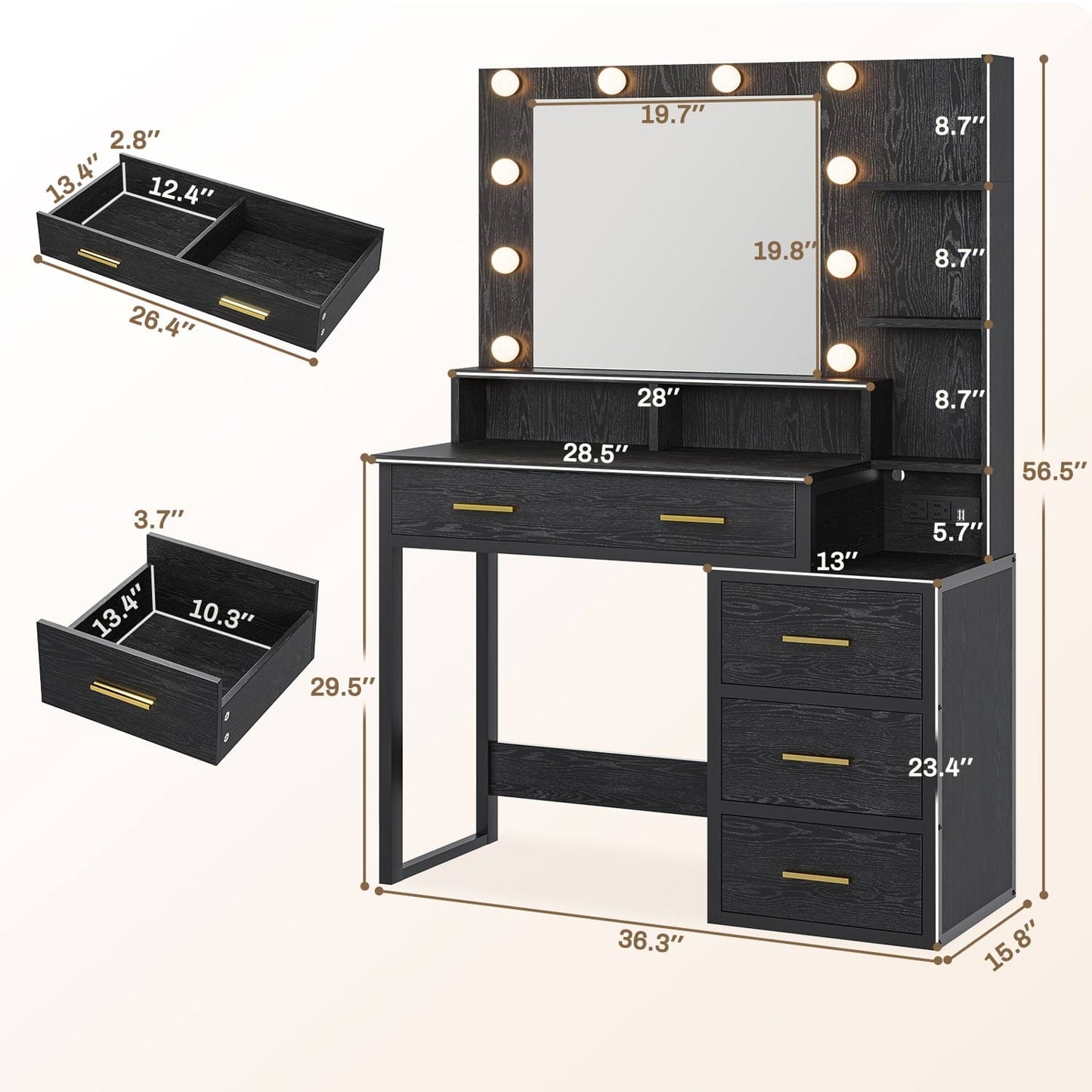 Makeup Vanity with LED Mirror Charging Station Black