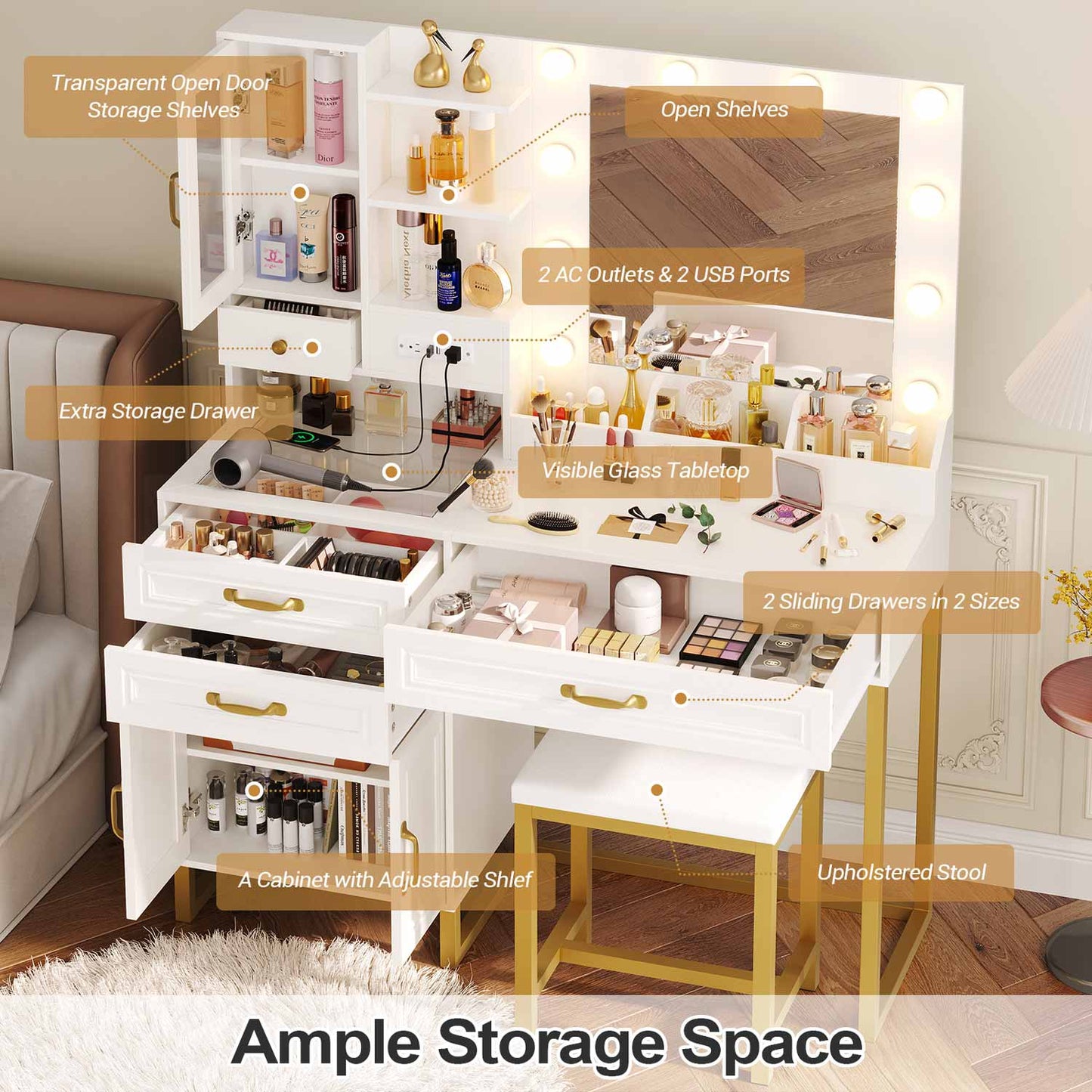 Glass Top Makeup Vanity Set with Bench White & Gold