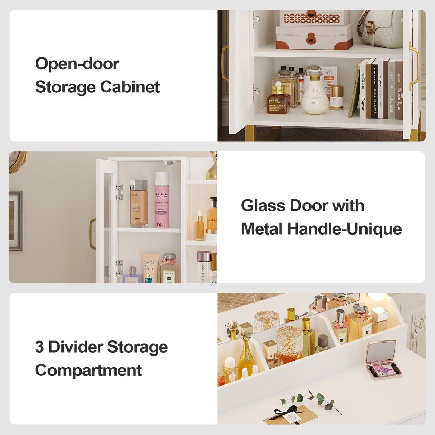 Glass Top Makeup Vanity Set with Bench White & Gold
