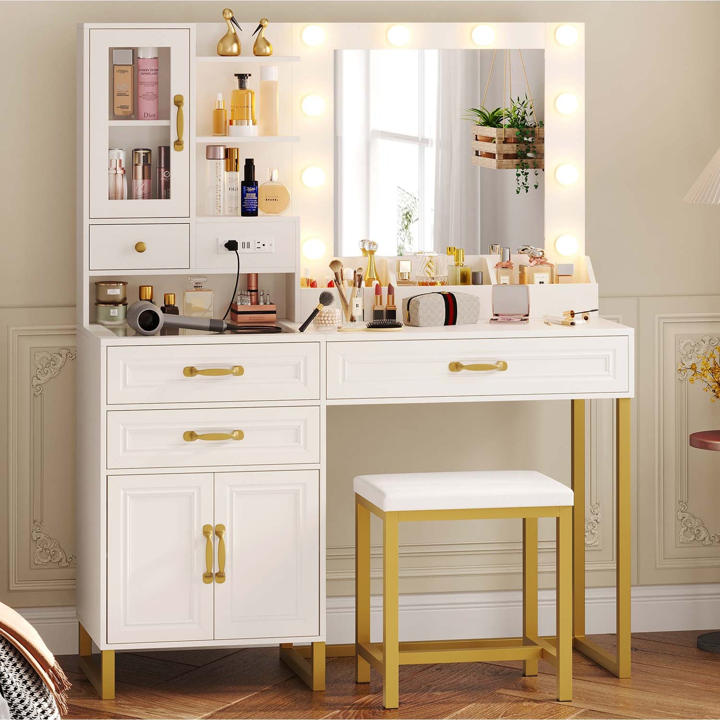 Glass Top Makeup Vanity Set with Bench White & Gold
