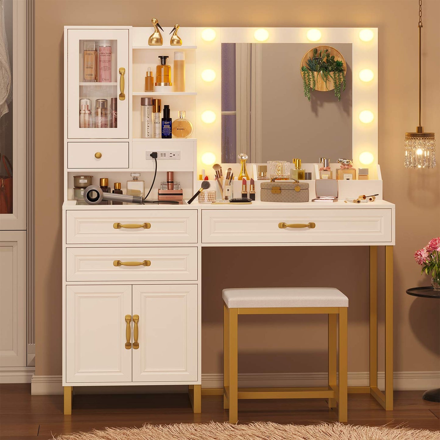 Glass Top Makeup Vanity Set with Bench White & Gold