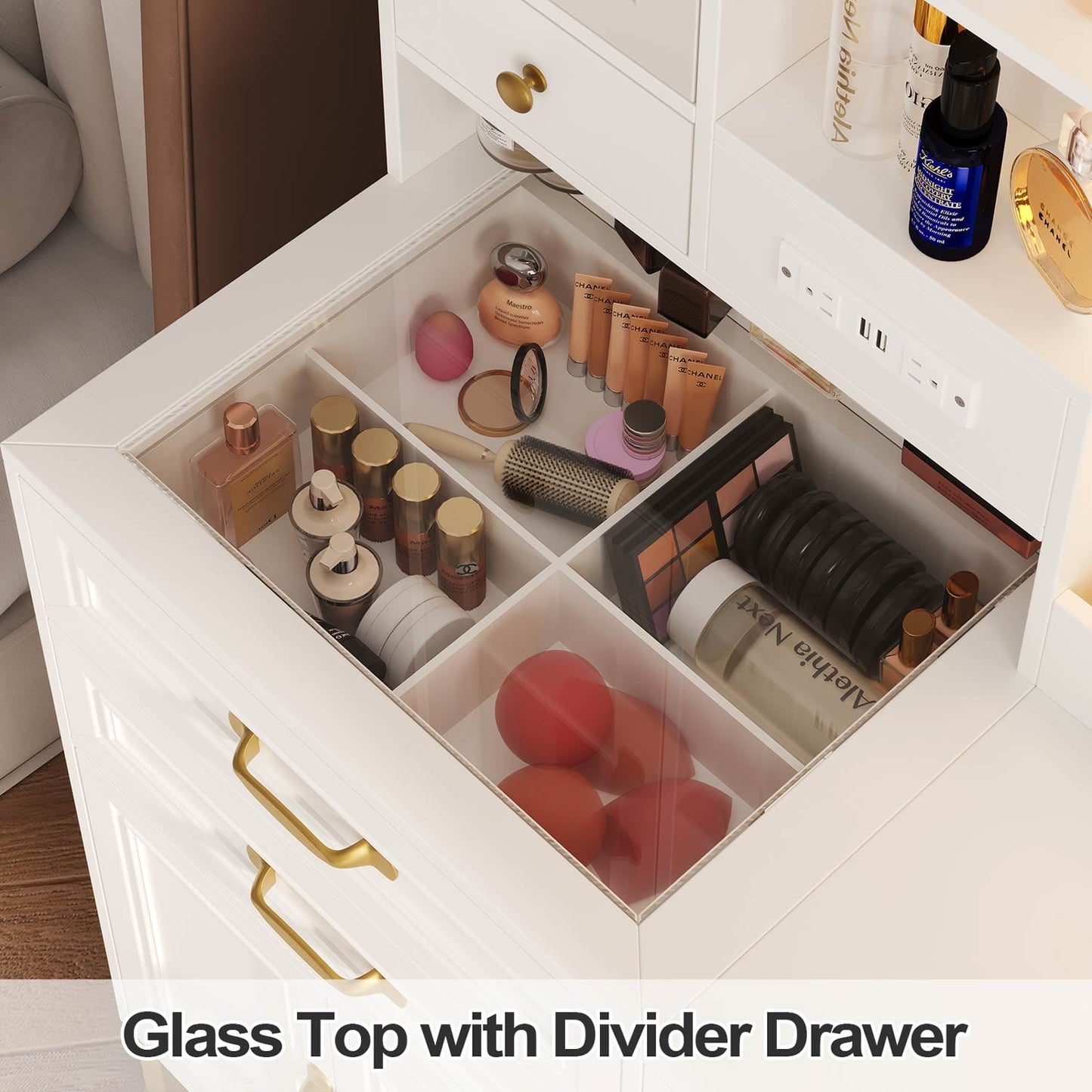 Glass Top Makeup Vanity Set with Bench White & Gold