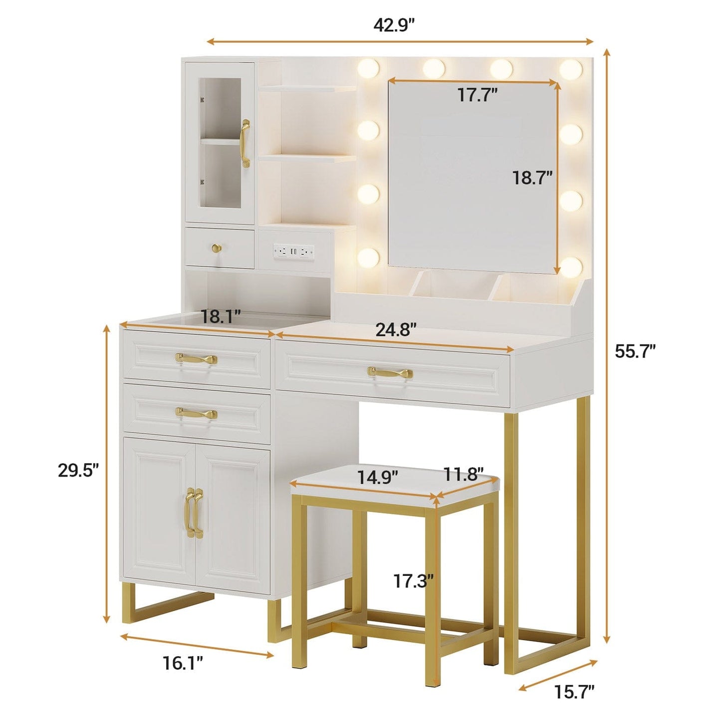 Glass Top Makeup Vanity Set with Bench White & Gold