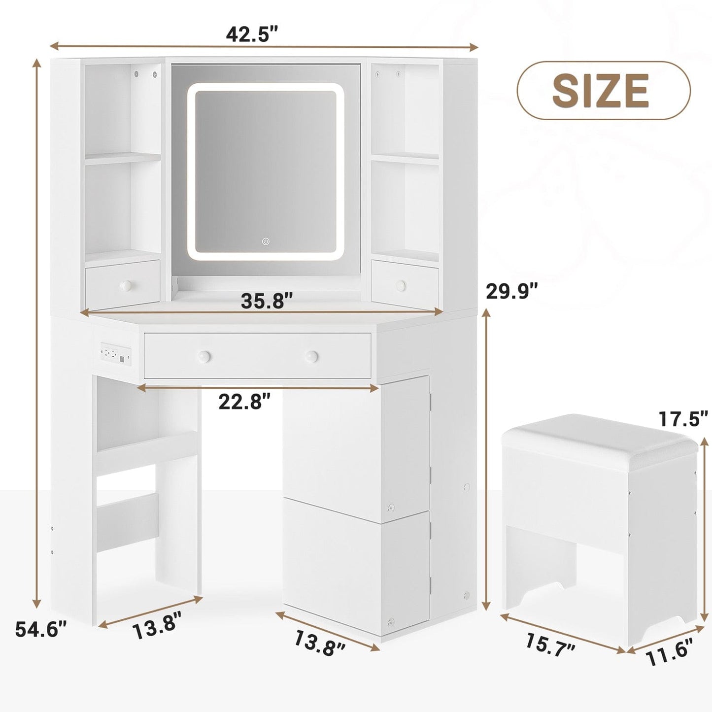 Corner Makeup Vanity Set with Upholstered Storage Stool White
