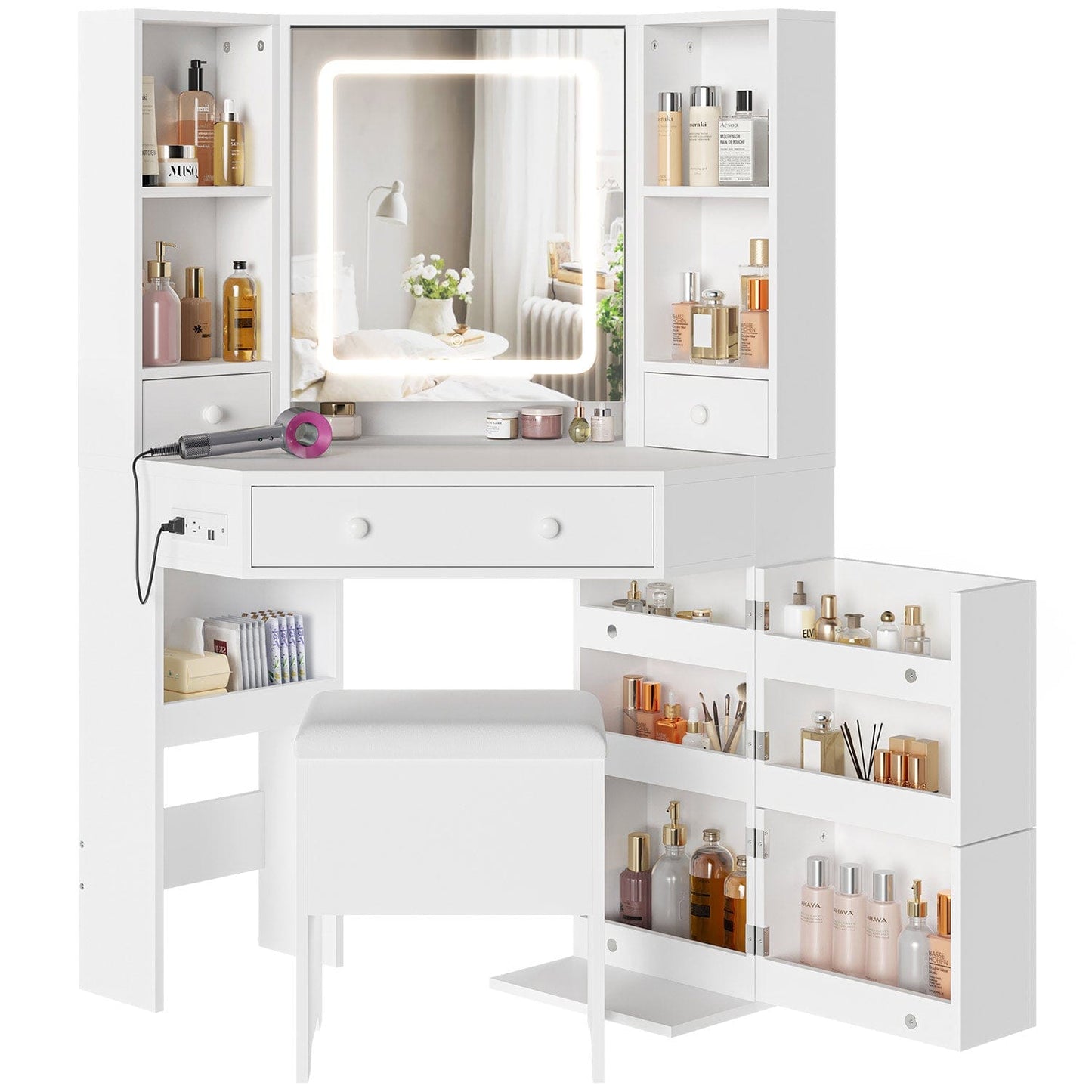 Corner Makeup Vanity Set with Upholstered Storage Stool White