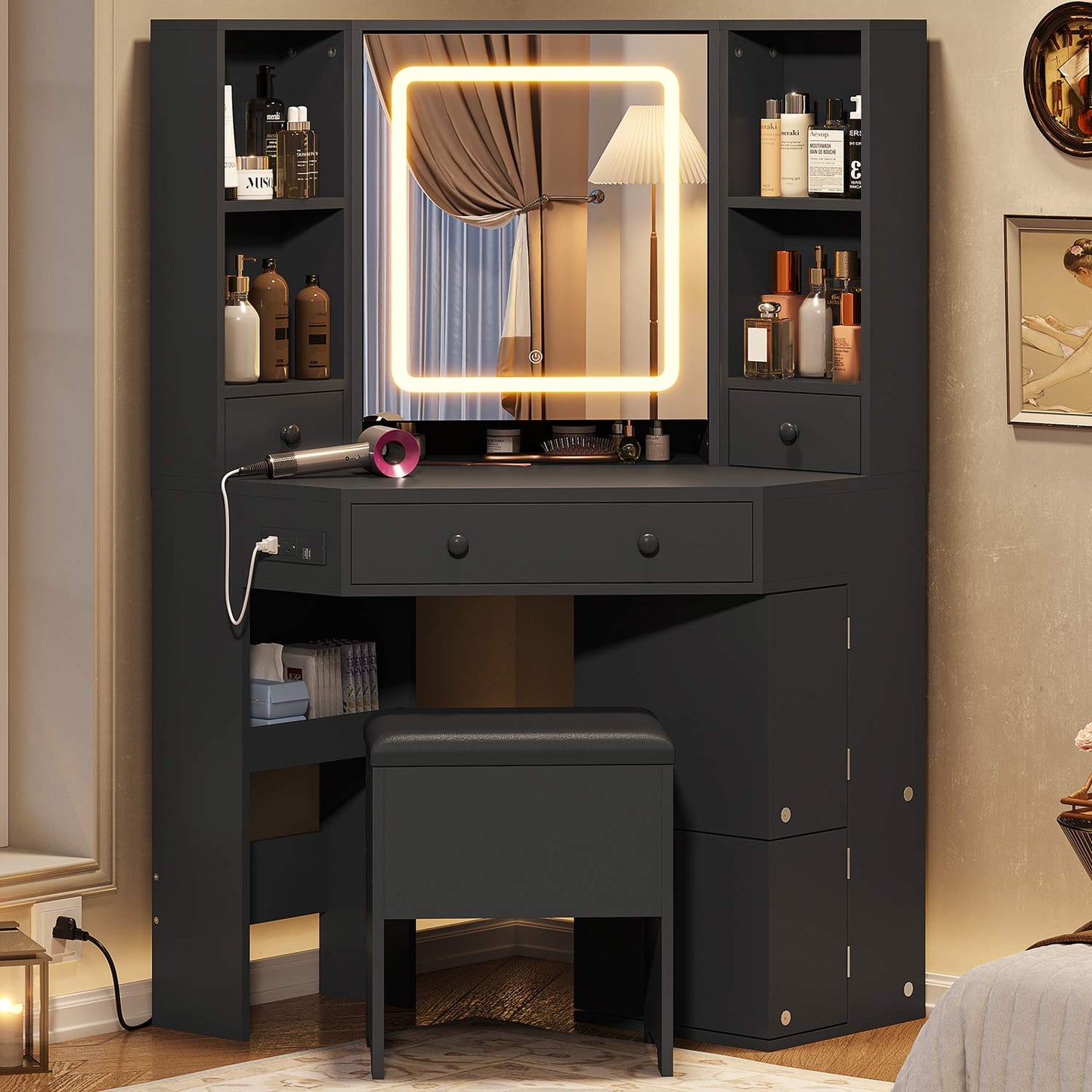 Corner Makeup Vanity Set with Upholstered Storage Stool Black