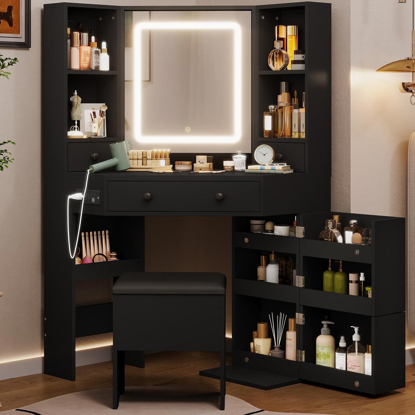 Corner Makeup Vanity Set with Upholstered Storage Stool Black