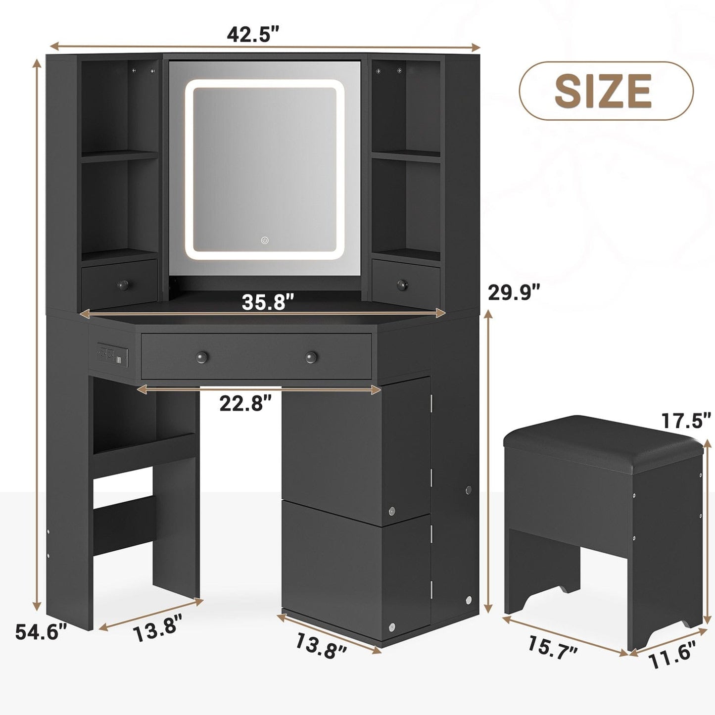Corner Makeup Vanity Set with Upholstered Storage Stool Black