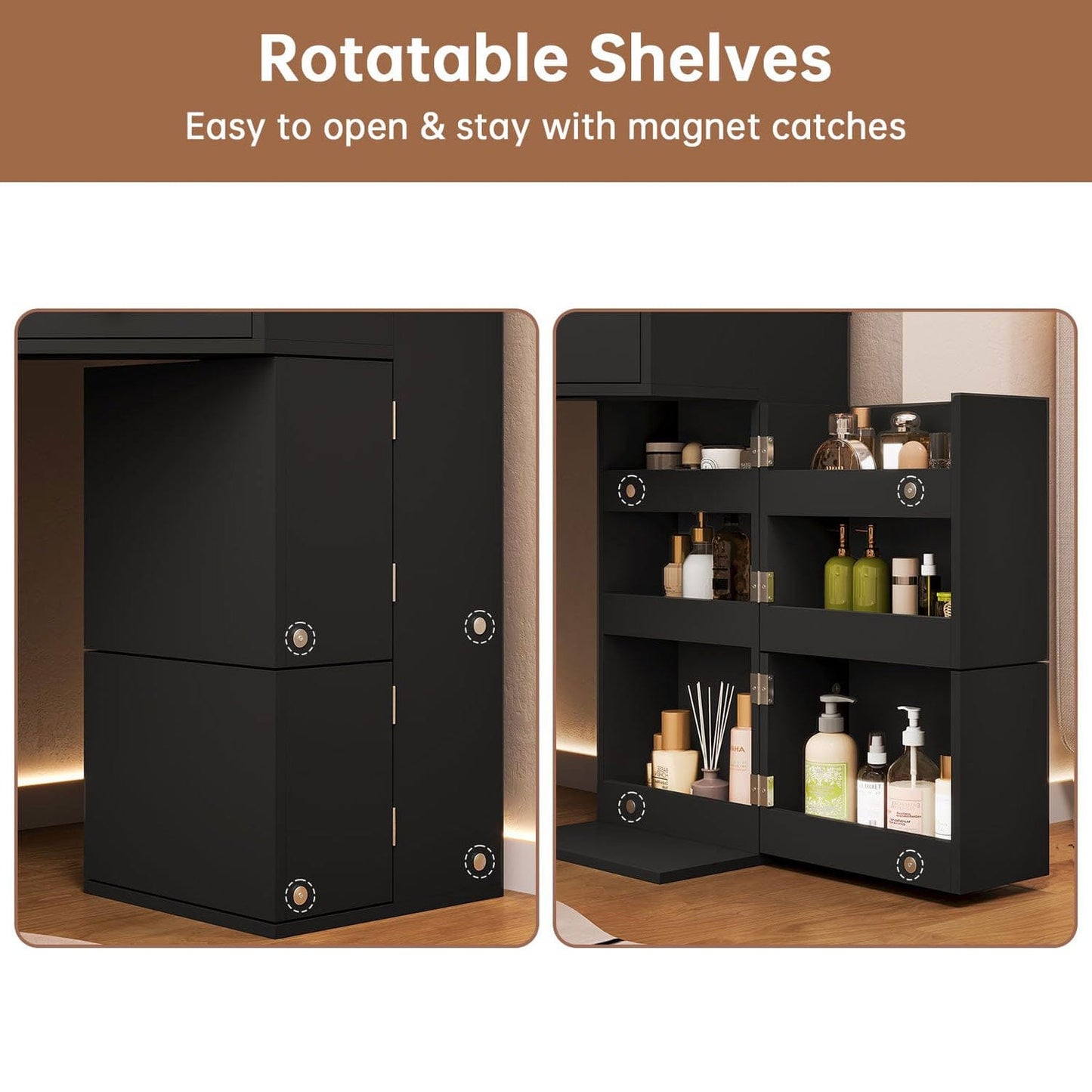 Corner Makeup Vanity Set with Upholstered Storage Stool Black