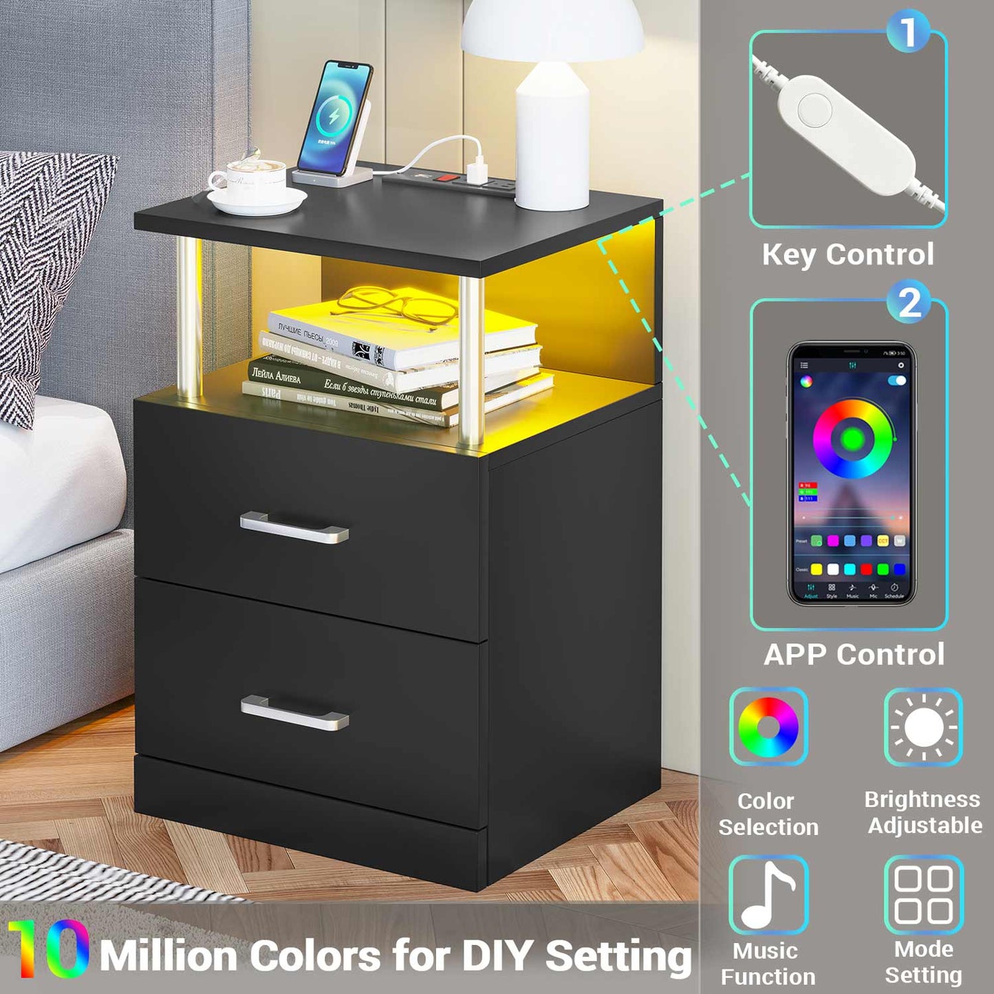 LED Nightstand with Charging Station Black
