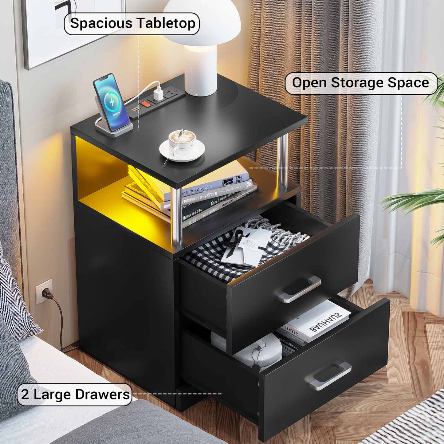 LED Nightstand with Charging Station Black
