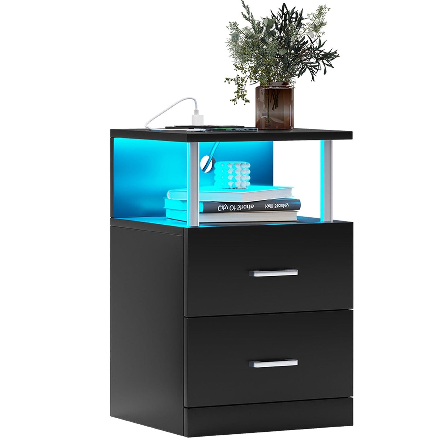 LED Nightstand with Charging Station Black