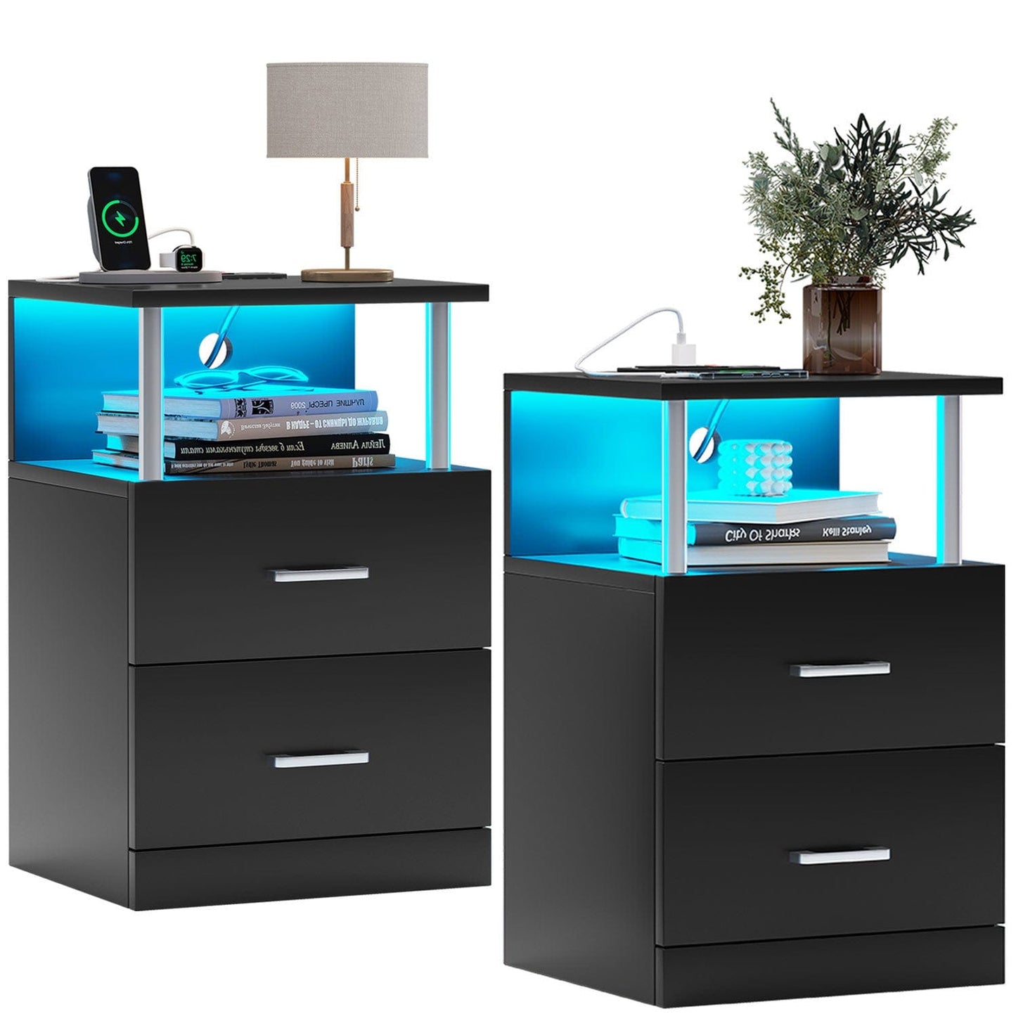 LED Nightstand with Charging Station Black