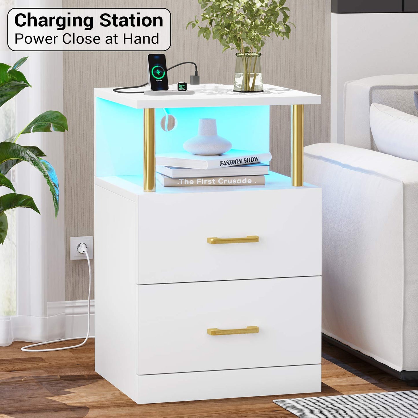 LED Nightstand with Charging Station White