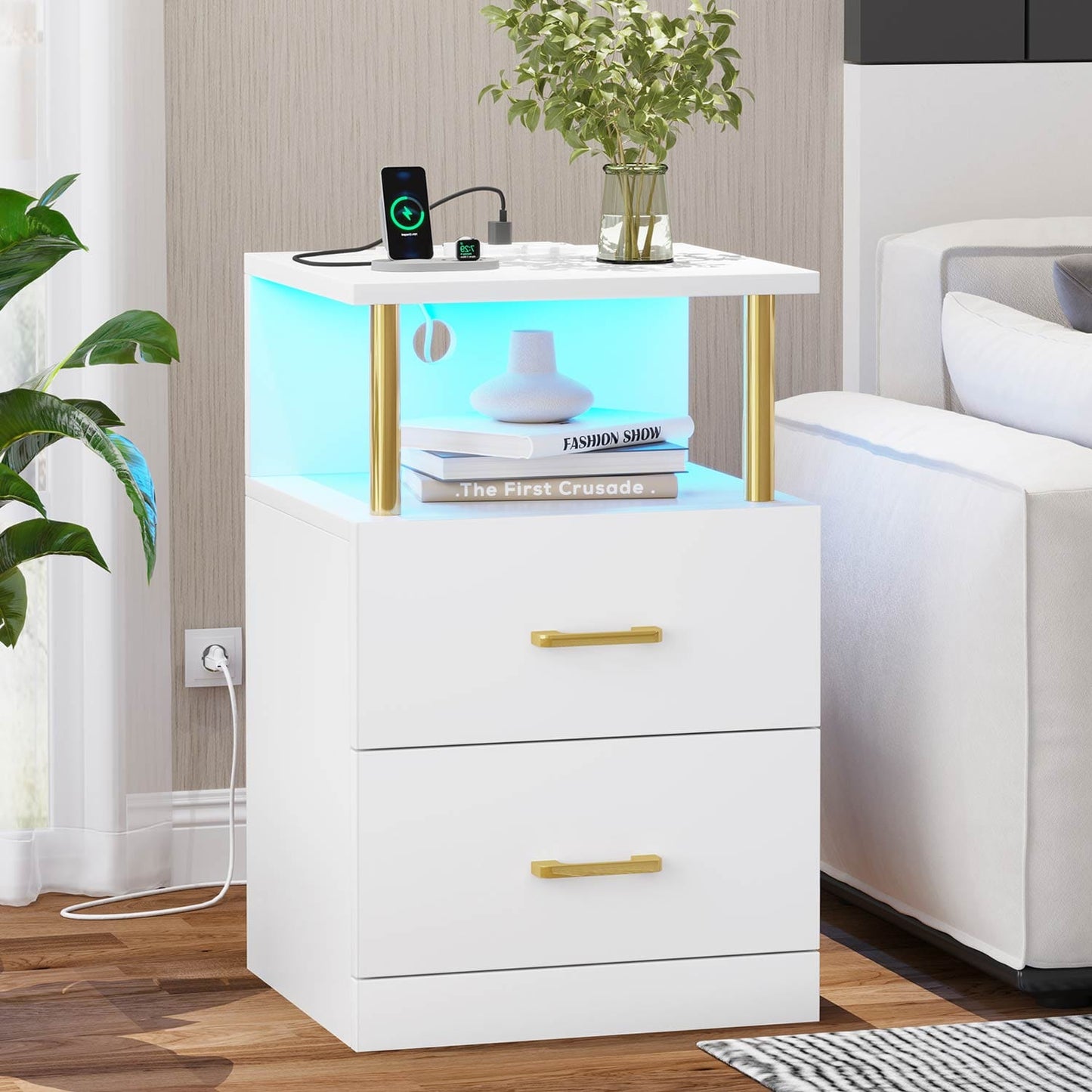 LED Nightstand with Charging Station White