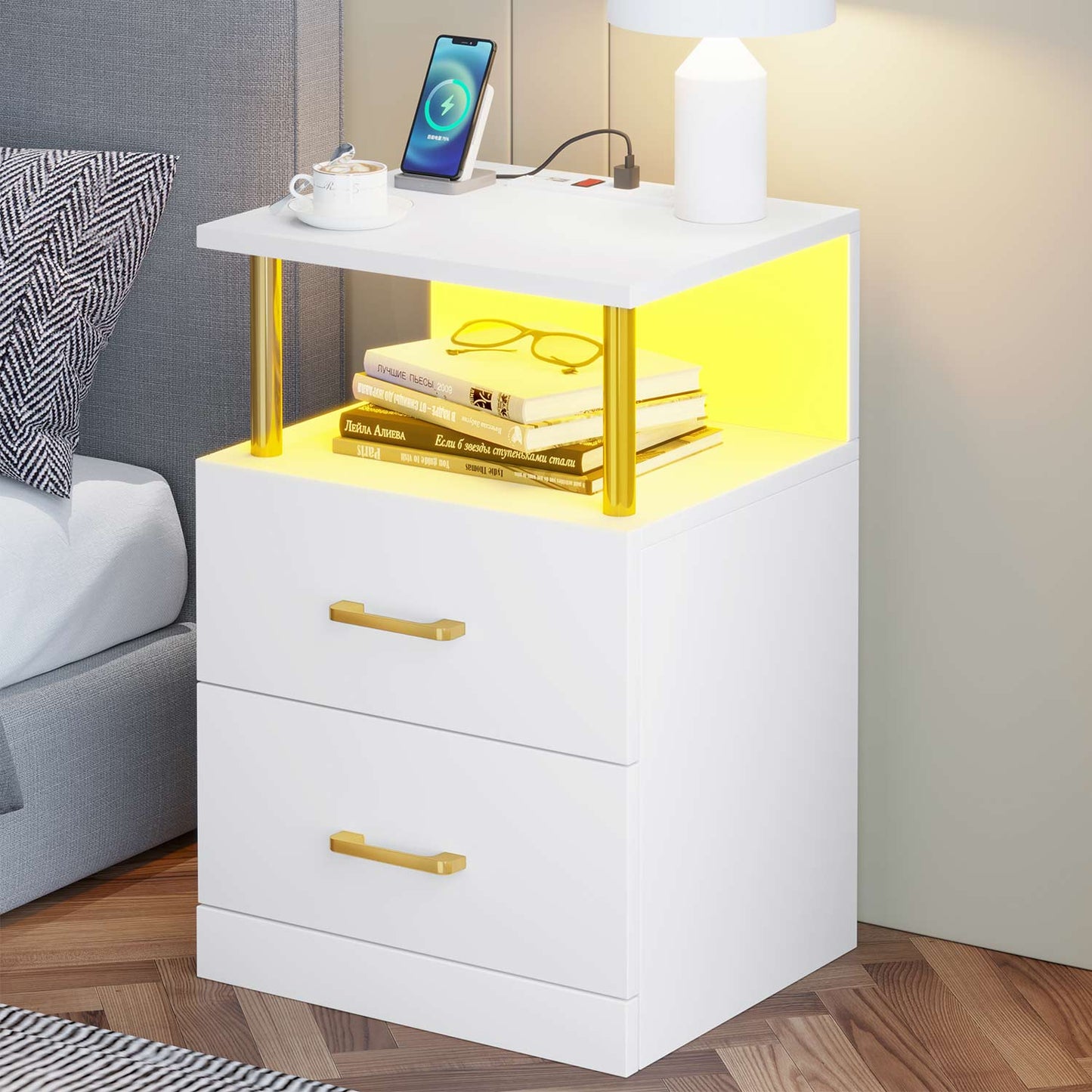 LED Nightstand with Charging Station White