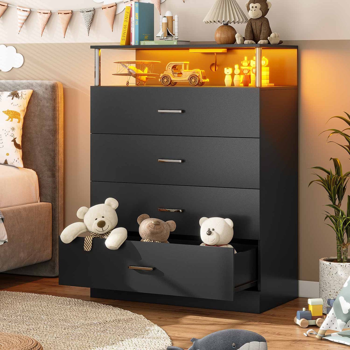 Tall Dresser with LED Lights 4 Storage Drawers Black