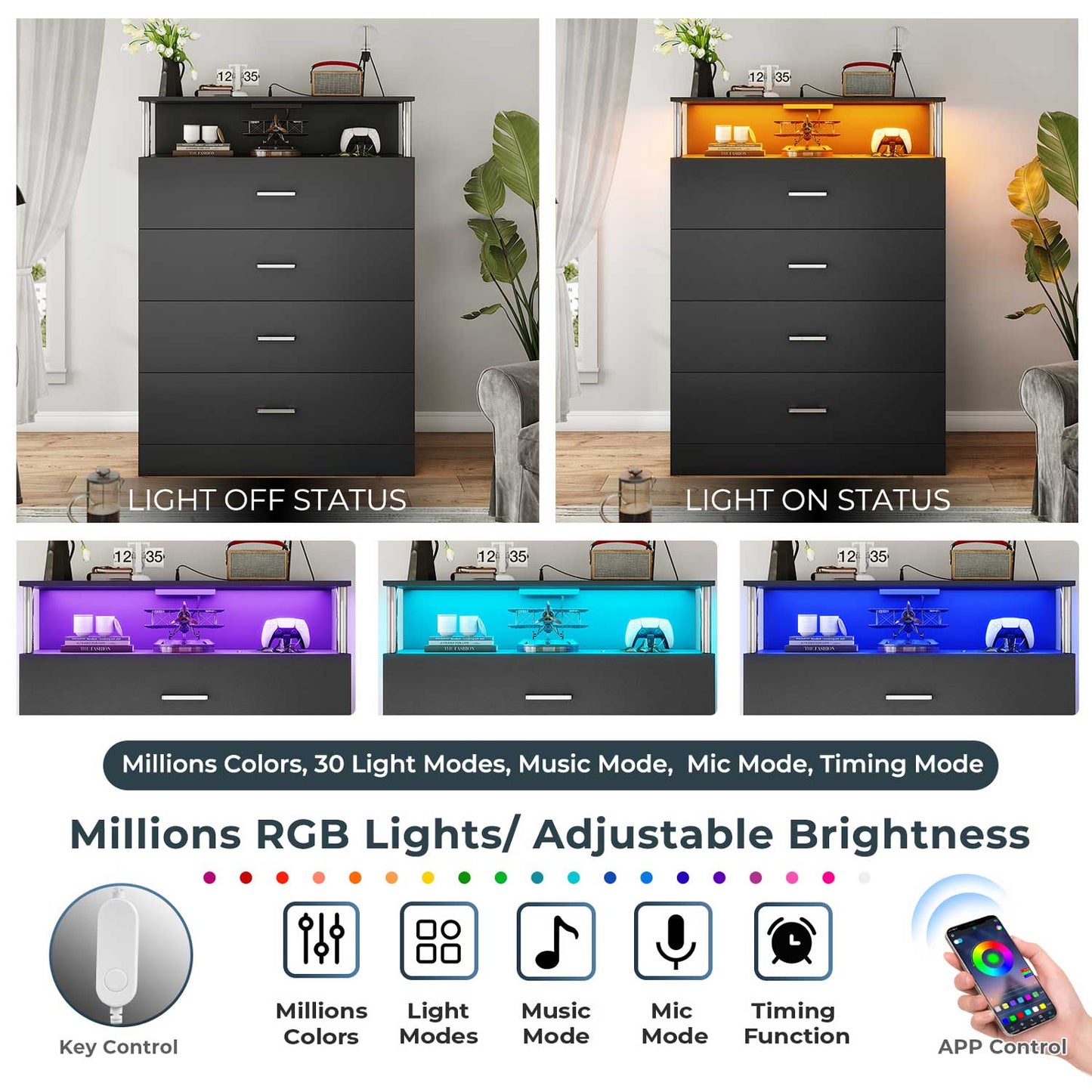 Tall Dresser with LED Lights 4 Storage Drawers Black