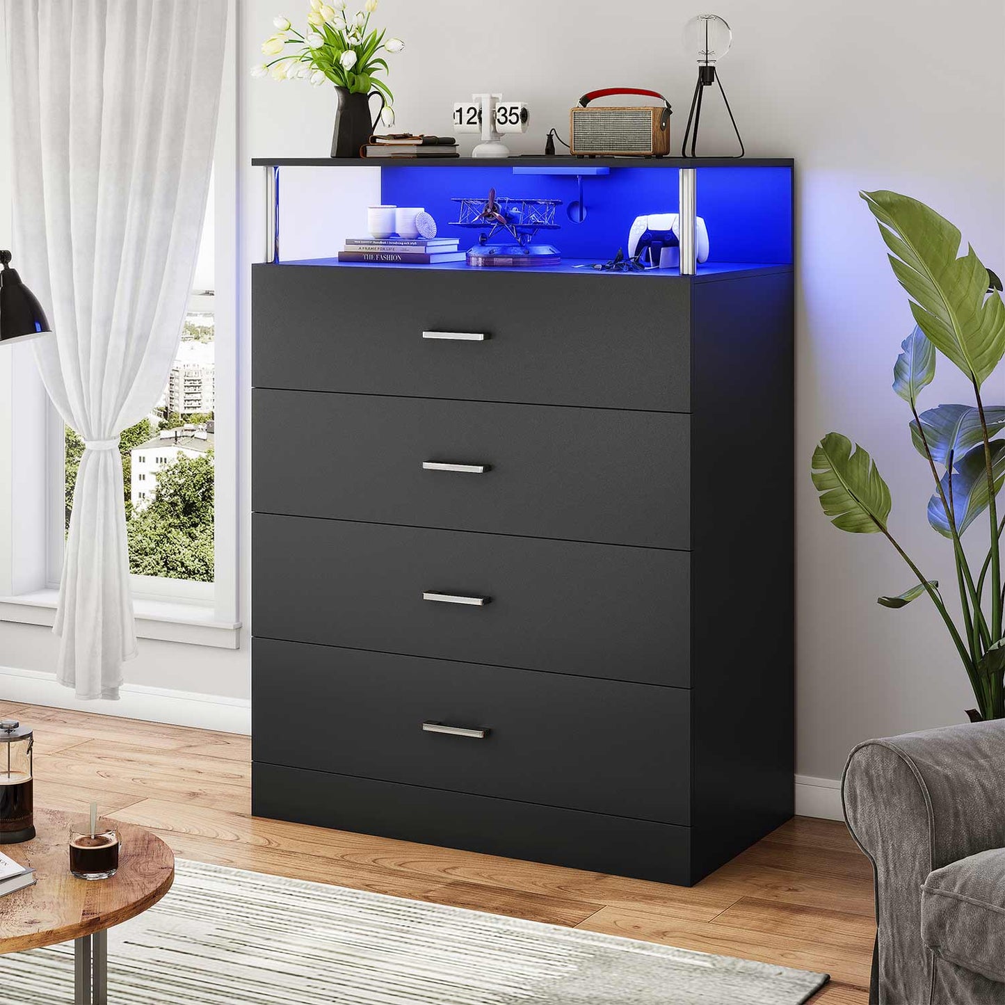 Tall Dresser with LED Lights 4 Storage Drawers Black